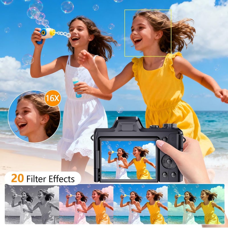 Kasukani كاميرا رقمية 4K للتصوير والفلوغينغ، كاميرات رقمية 56MP بنقطة وإطلاق مع شاشة قابلة للطي بزاوية 180°، كاميرا سفر مدمجة 16X زوم، كاميرا محمولة للبالغين والمبتدئين مع بطاقة SD سعة 32GB - Image 4